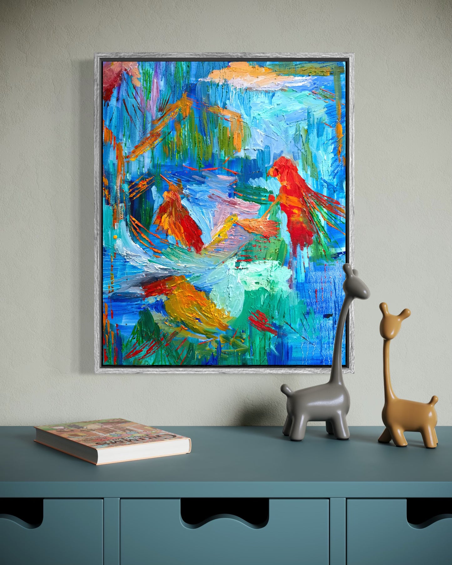 Rain Forest abstract painting by Maria-Victoria Checa styled in a contemporary child room with modern decor.