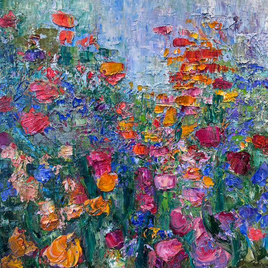 abstract painting of a rose garden.