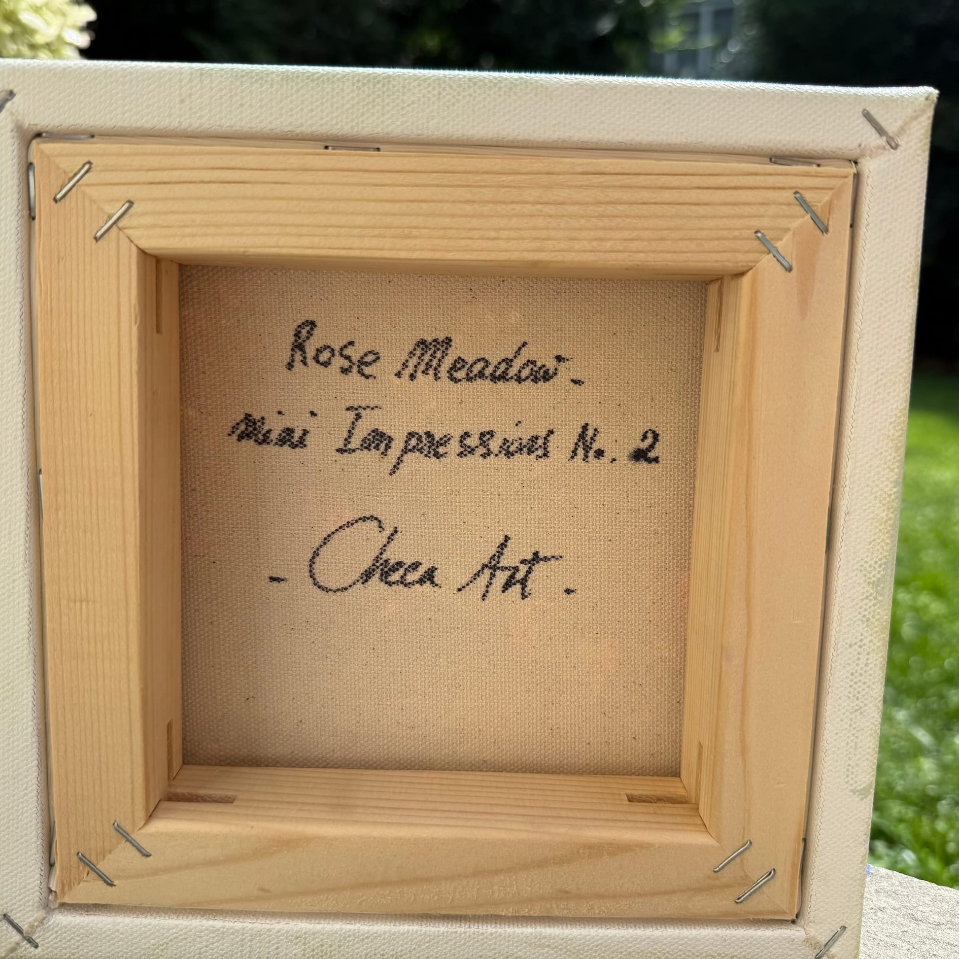 Back of canvas showing handwritten title Rose Meadow, Mini Impressions No. 2, original artwork by Maria-Victoria Checa, Checa Art