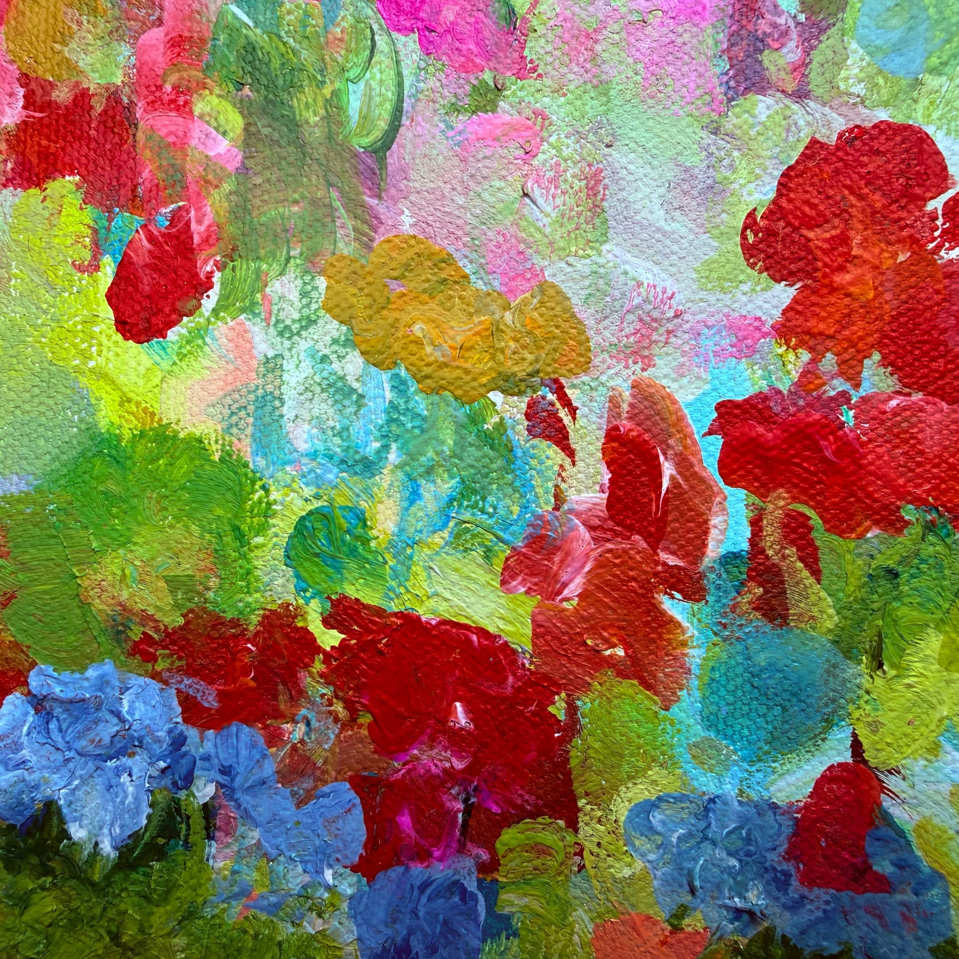 Close-up detail of red and gold floral brushwork in Rose Meadow, original acrylic painting by Maria-Victoria Checa, Washington DC impressionist artist