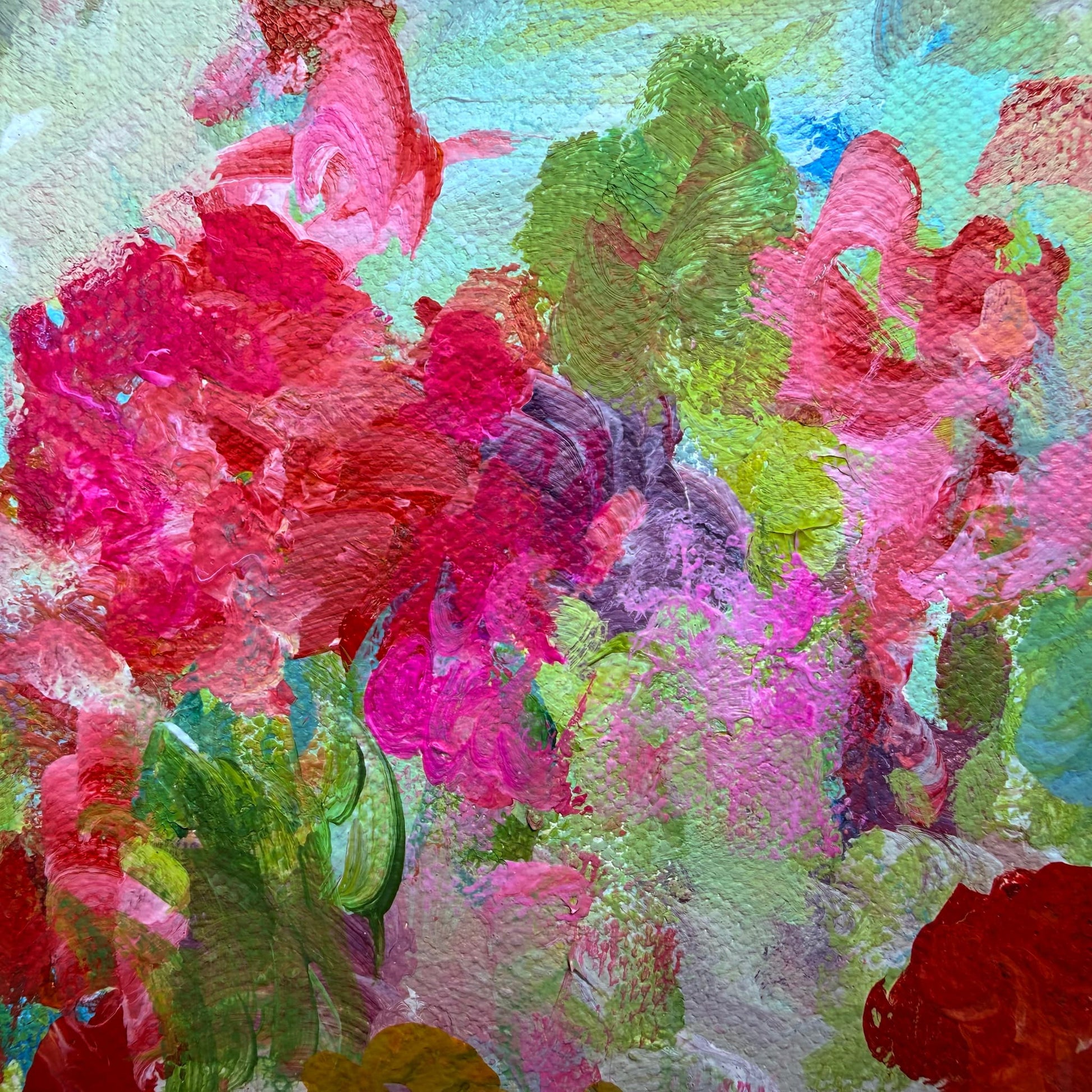 Close-up detail of pink and magenta floral texture in Rose Meadow, original impressionist acrylic painting by Maria-Victoria Checa