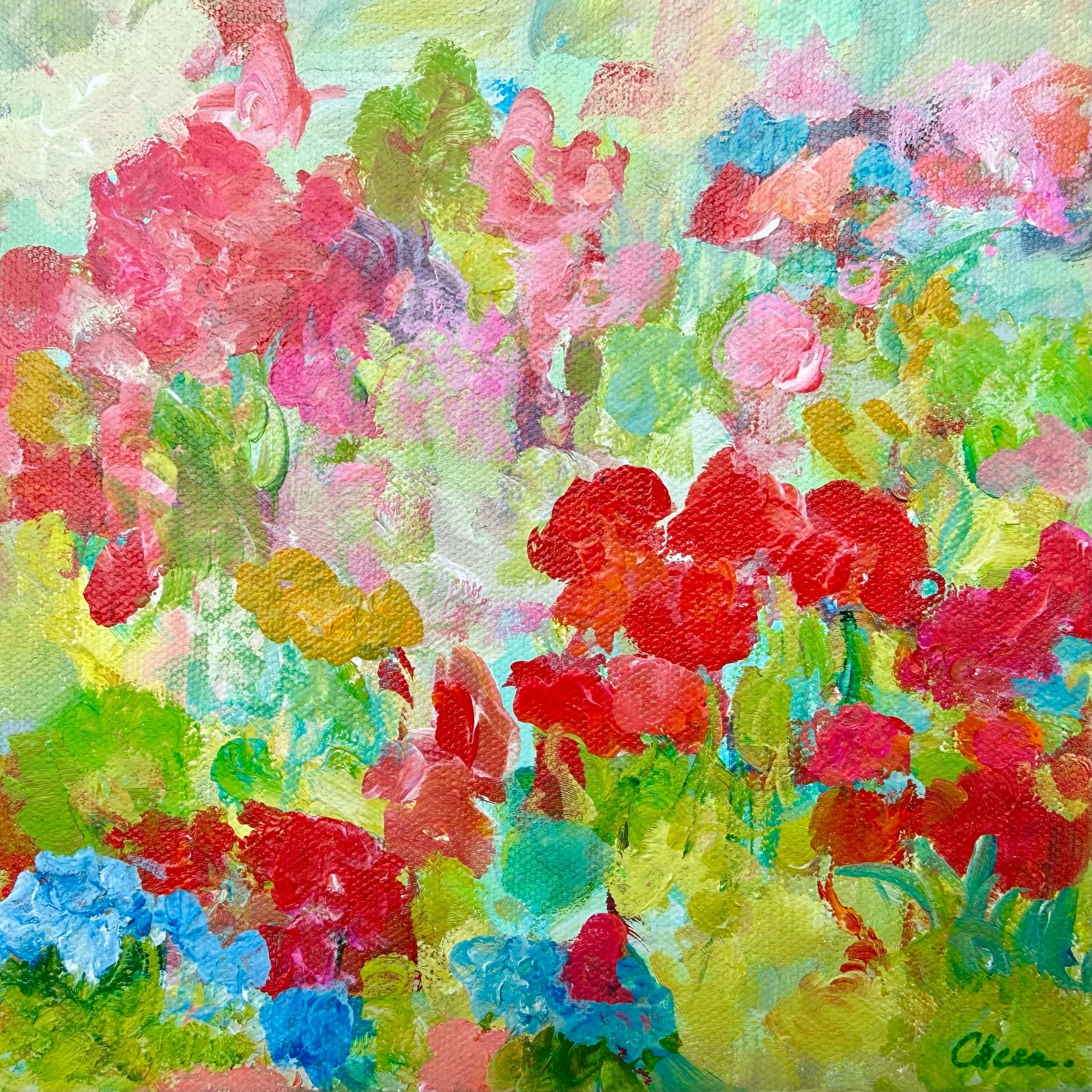 Rose Meadow, original impressionist garden painting by Maria-Victoria Checa, 8x8 inches (20.3x20.3 cm) acrylic on canvas, Miniature Impressions series, Washington DC artist
