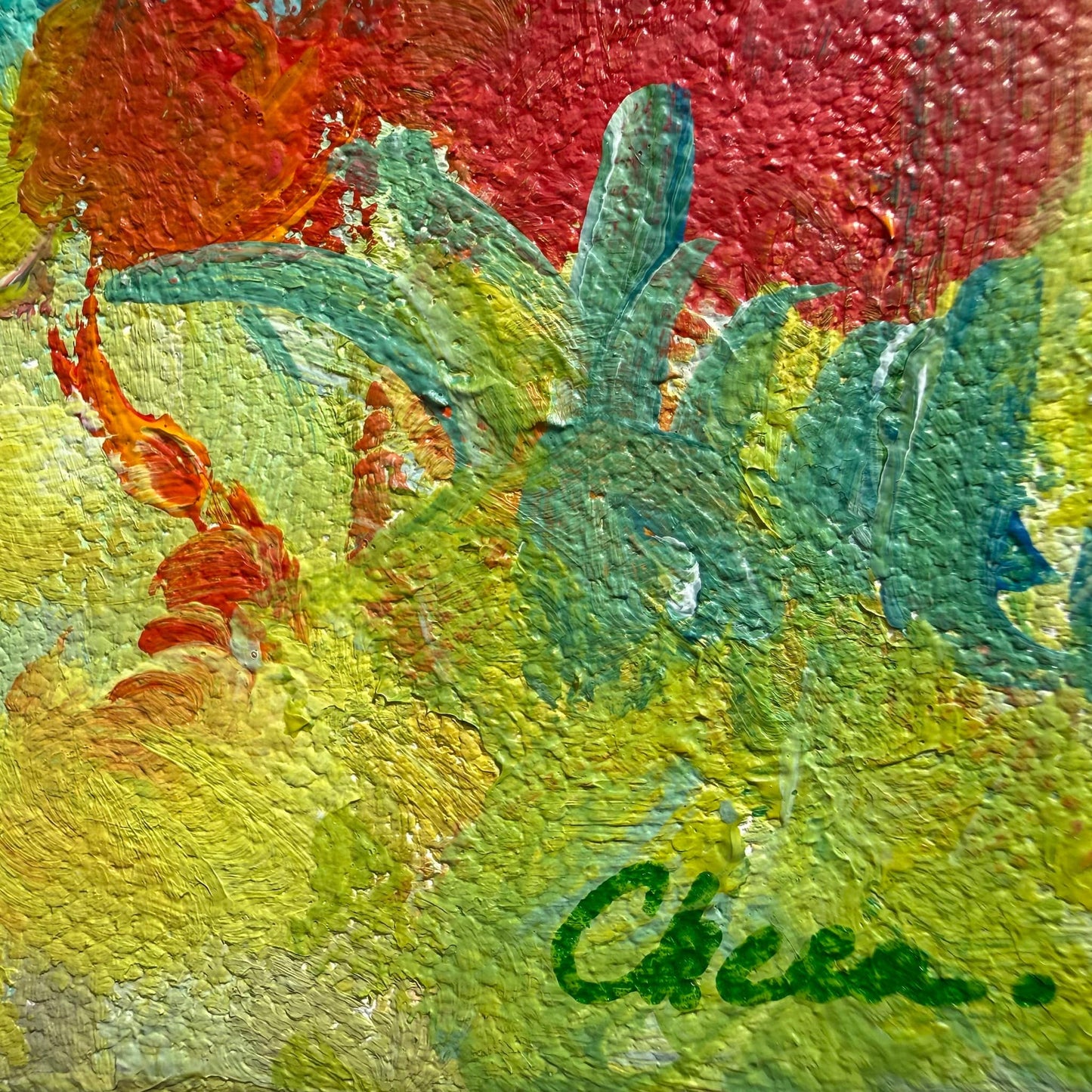Detail of artist signature on Rose Meadow, original acrylic painting by Maria-Victoria Checa, Miniature Impressions series