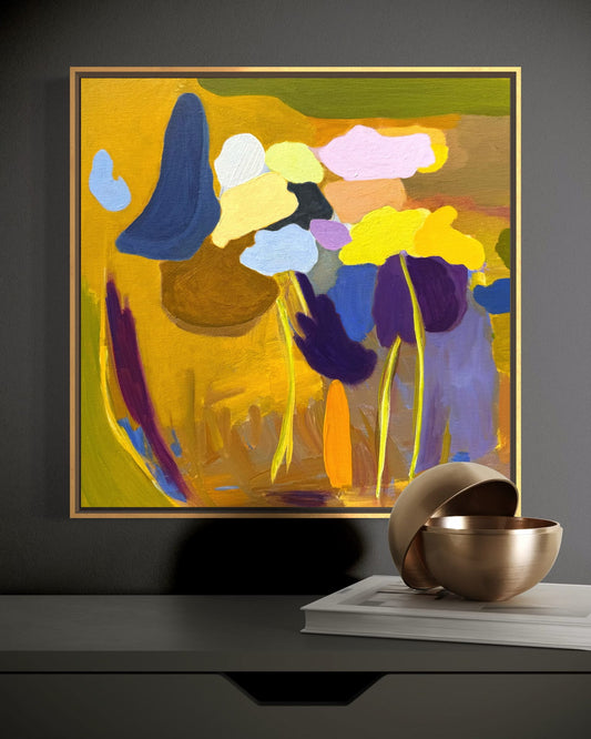 Safari abstract acrylic painting by Maria-Victoria Checa displayed on dark wall, Washington DC artist