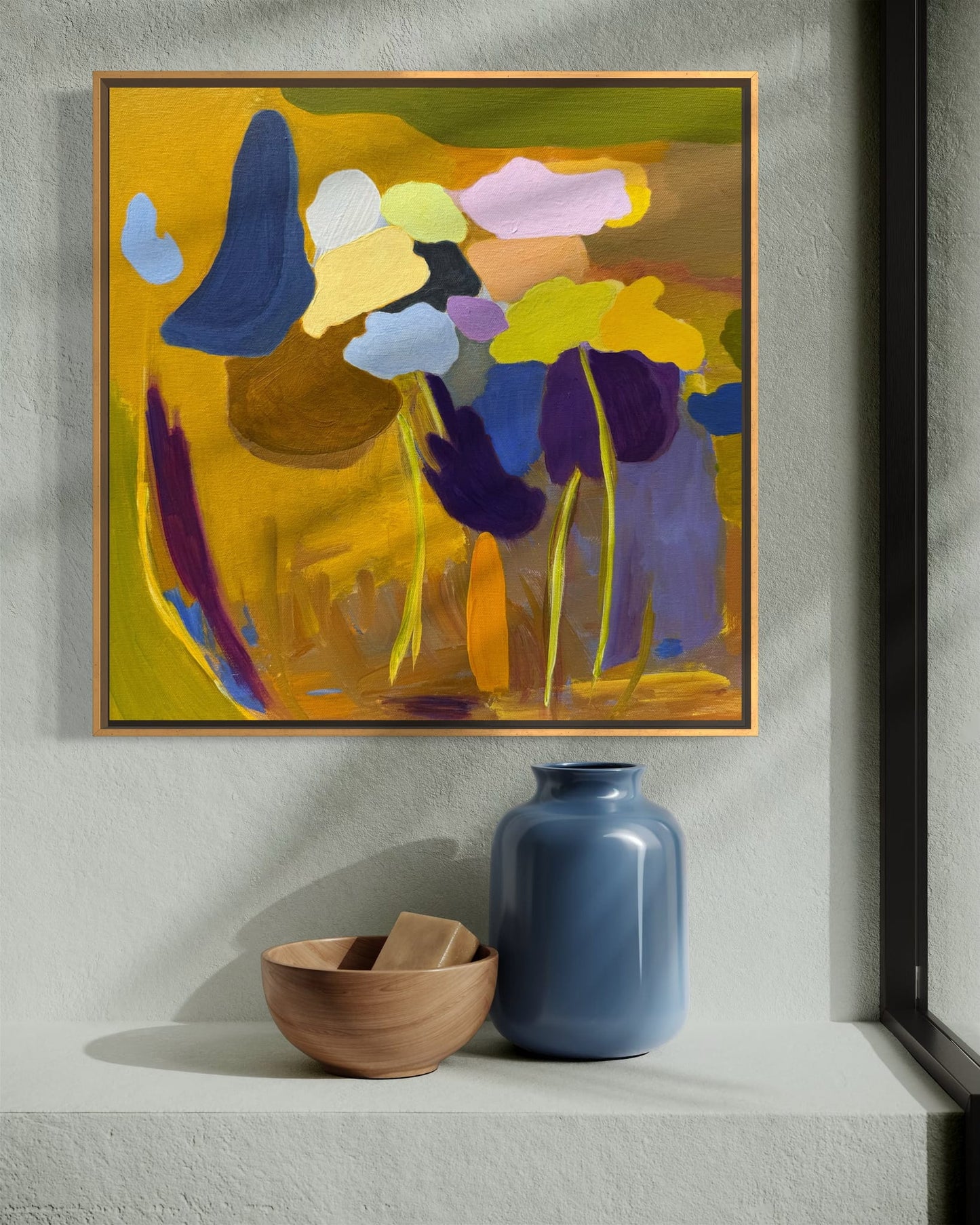 Safari abstract acrylic painting by Maria-Victoria Checa displayed on gray wall with blue vase, Washington DC