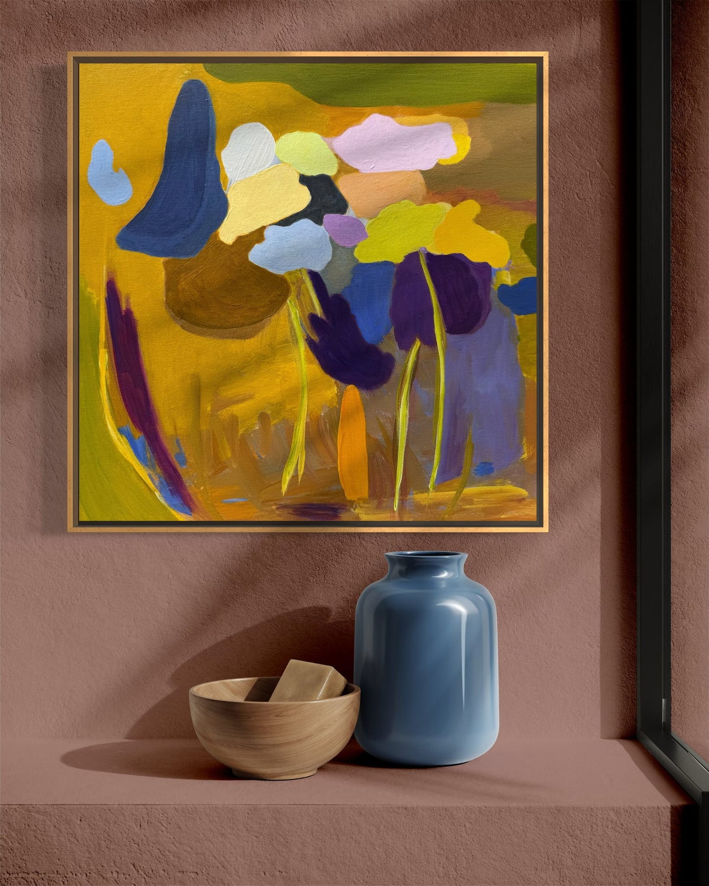 Safari abstract acrylic painting by Maria-Victoria Checa displayed on terracotta wall, Washington DC