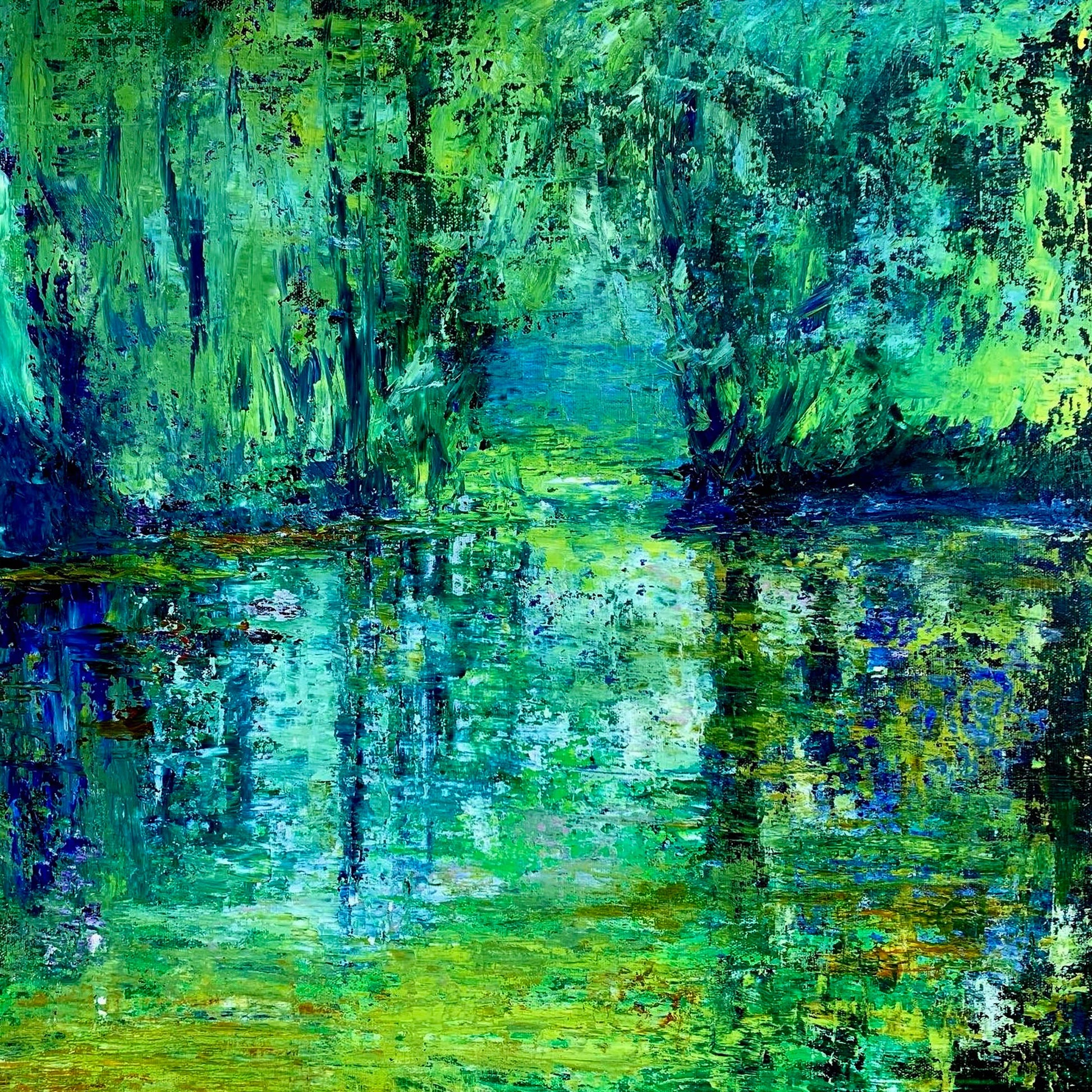 Sanctuary fine art print from an impressionist landscape painting by Maria-Victoria Checa featuring vibrant greens, blue reflections, and abstract trees over water.