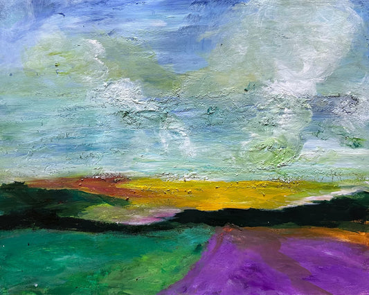 Serene at Last — original 20x16 watercolor landscape painting with a golden horizon beneath a billowing periwinkle sky and fields of emerald and violet by Washington DC artist Maria-Victoria Checa