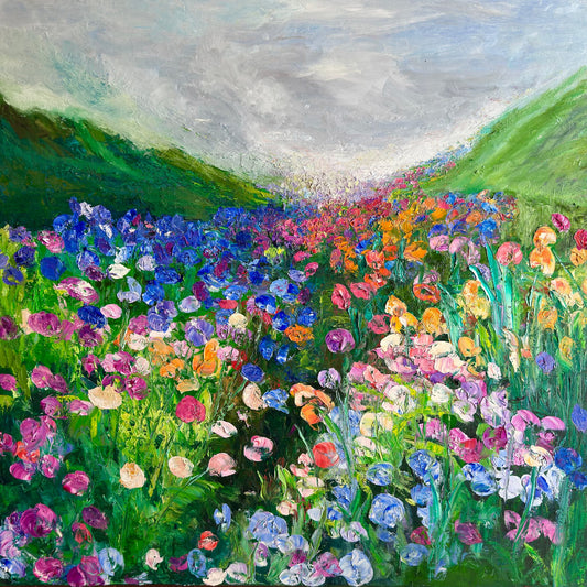 Somewhere in the Meadow, original impressionist wildflower meadow landscape painting by Maria-Victoria Checa, 36x36 inches (91.4x91.4 cm) oil on canvas, Washington DC artist