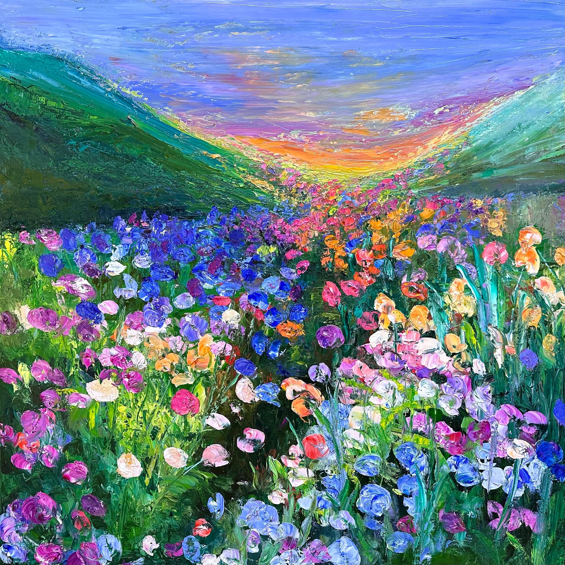 Somewhere in the Meadow fine art print by Washington DC artist Maria-Victoria Checa — impressionist wildflower field at sunset in vibrant blues, pinks, and oranges, palette knife acrylic painting