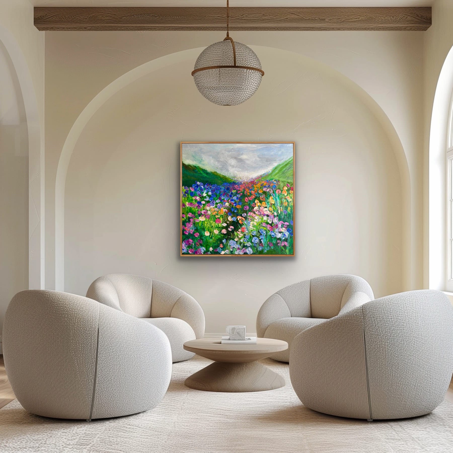 Somewhere in the Meadow original oil painting by Maria-Victoria Checa displayed above a round table in a cream arched living room, 36x36 inches