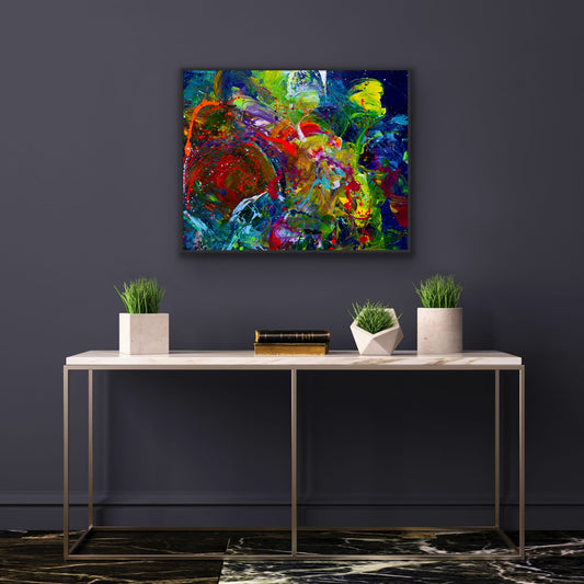 Spaced Out canvas print displayed above a console table on a dark gray wall — fine art print by Washington DC artist Maria-Victoria Checa.