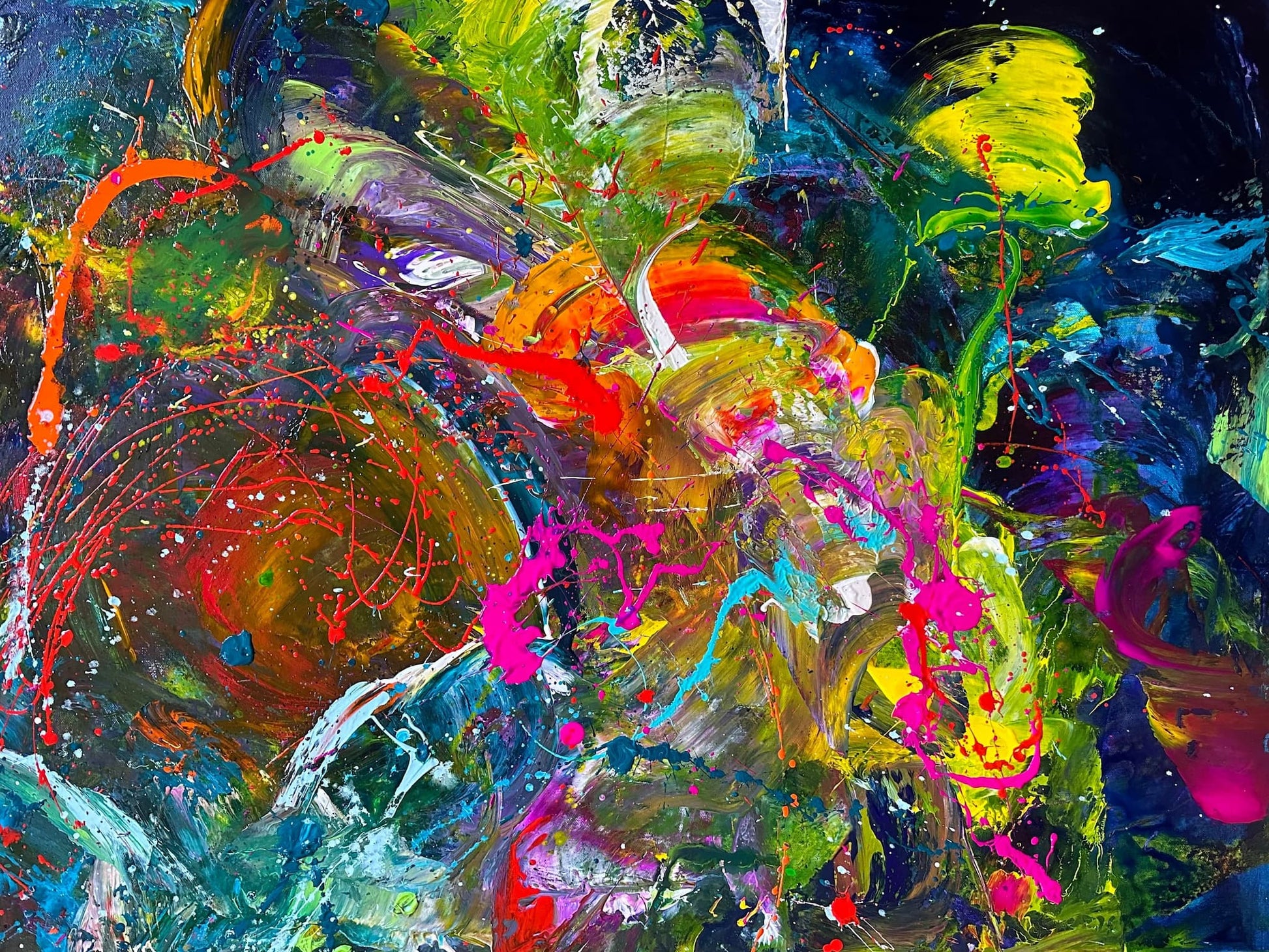 Spaced Out — original abstract acrylic painting, 30" × 40", by Washington DC artist Maria-Victoria Checa. Explosive neon colors on midnight background.