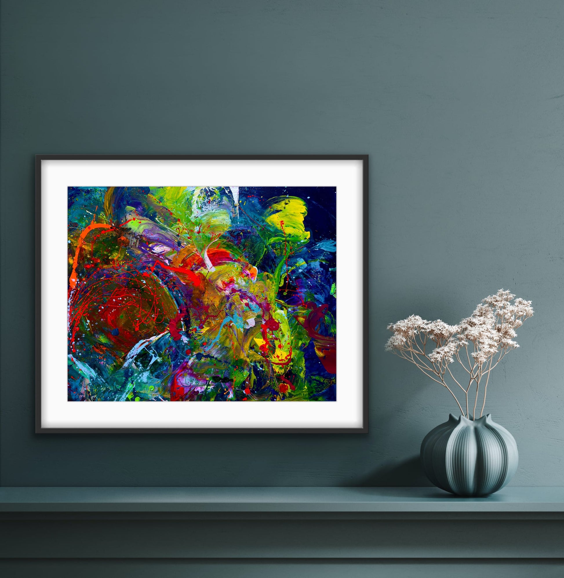 Framed fine art print of Spaced Out abstract painting on a teal wall — art by Washington DC artist Maria-Victoria Checa.