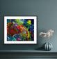 Framed fine art print of Spaced Out abstract painting on a teal wall — art by Washington DC artist Maria-Victoria Checa.