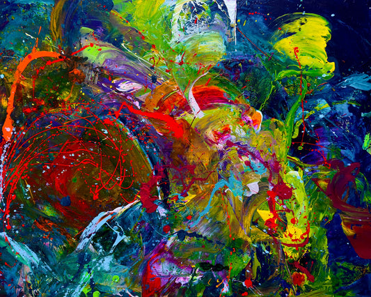 Fine art print of Spaced Out — abstract acrylic painting by Washington DC artist Maria-Victoria Checa. Explosive neon colors on a deep midnight background.