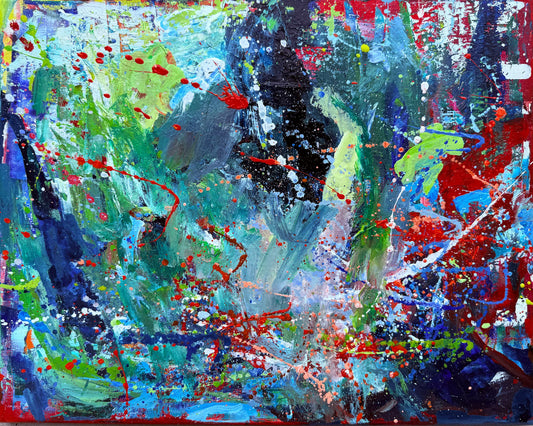 Stardust, an original abstract acrylic painting by Washington, DC artist Maria-Victoria Checa, featuring deep blues, greens, and red splatter