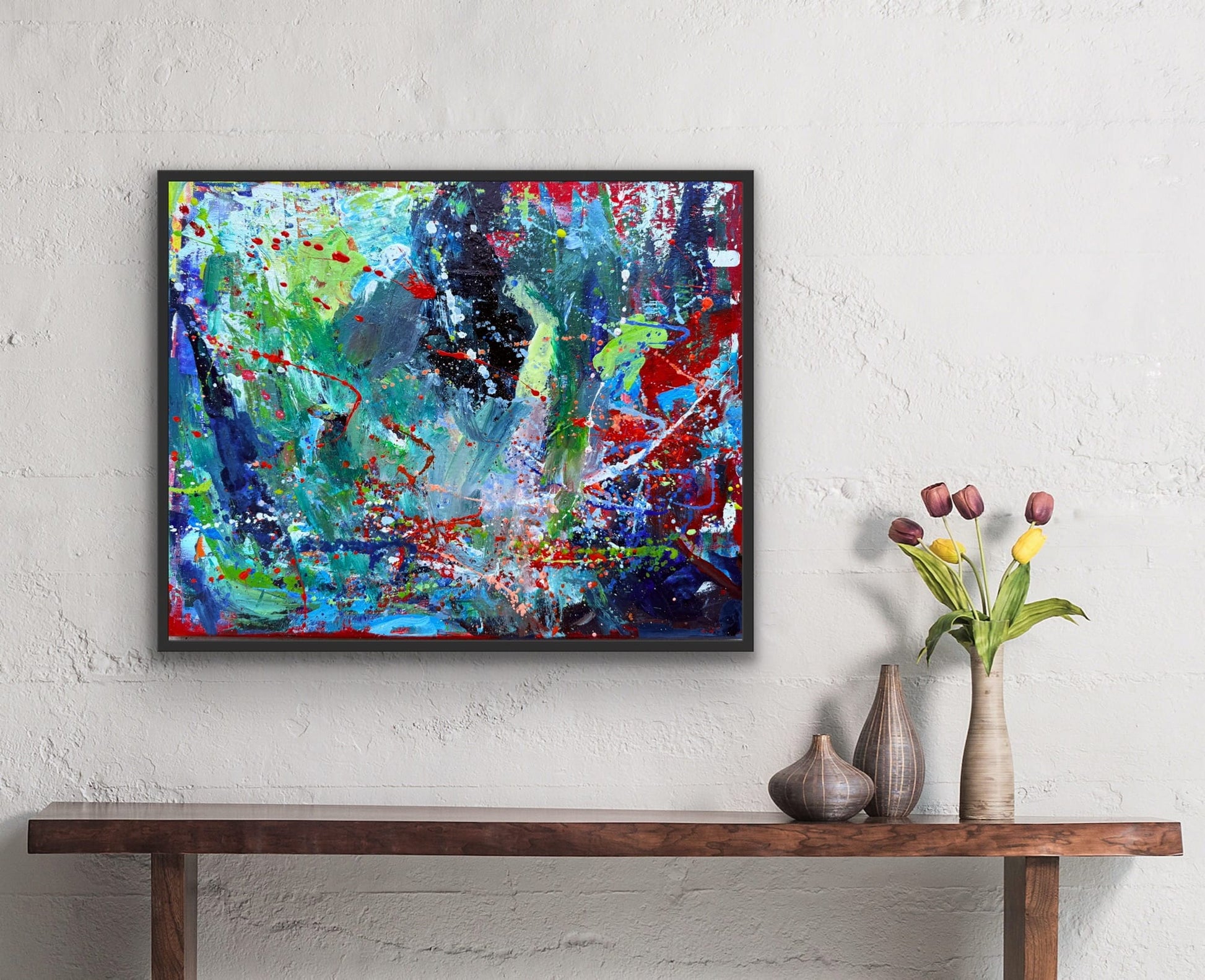 Stardust, original abstract acrylic painting by Checa Art, hanging above a wood console table