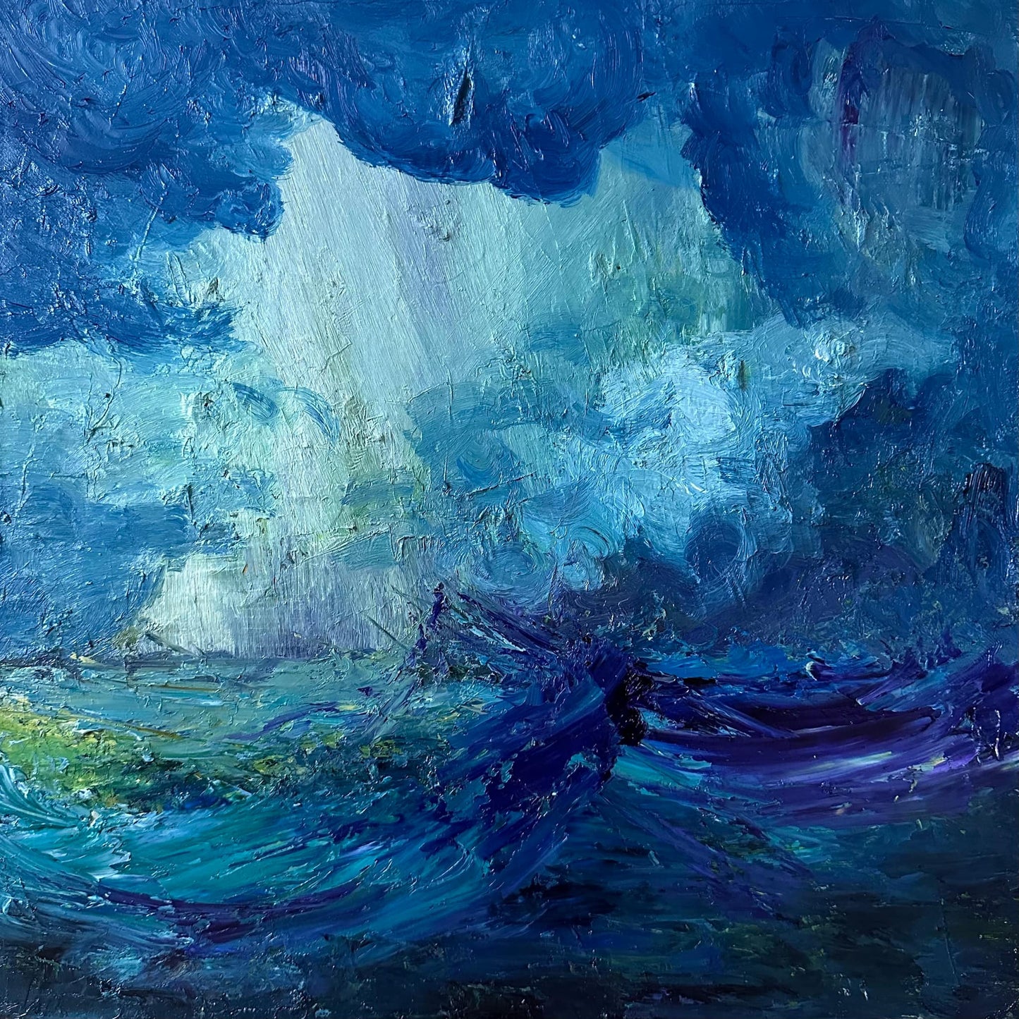 Storm at Sea, original blue seascape oil painting by Maria-Victoria Checa, 16x16 in, dramatic stormy ocean waves in cobalt teal and violet