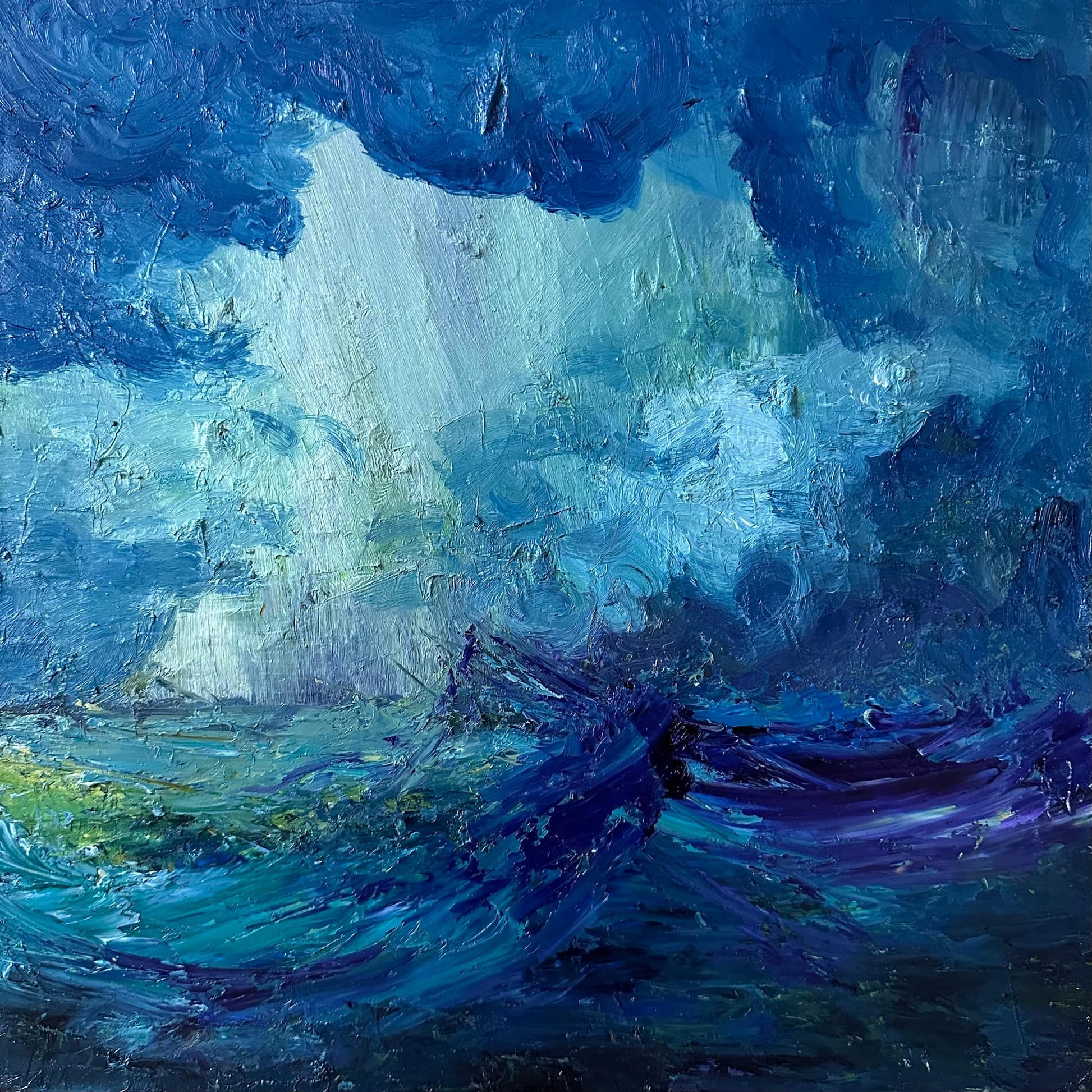 Storm at Sea, original blue seascape oil painting by Maria-Victoria Checa, 16x16 in, dramatic stormy ocean waves in cobalt teal and violet