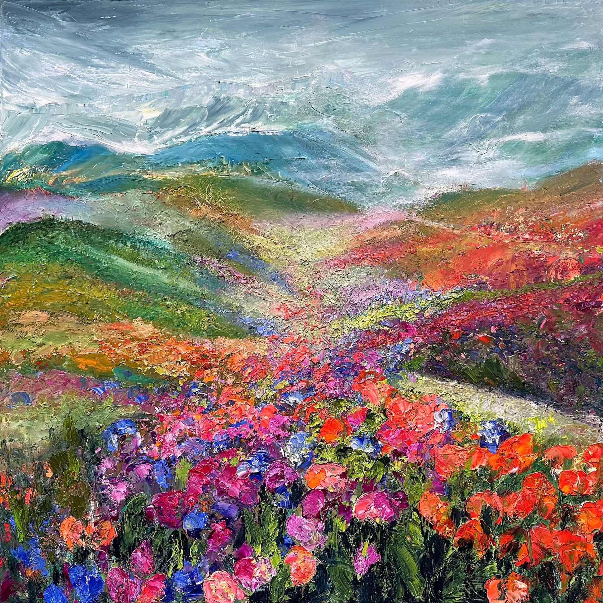 Stormy Valley, original impressionist landscape oil painting by Maria-Victoria Checa, 24x24 in, dramatic stormy sky over colorful wildflower valley in red magenta and blue