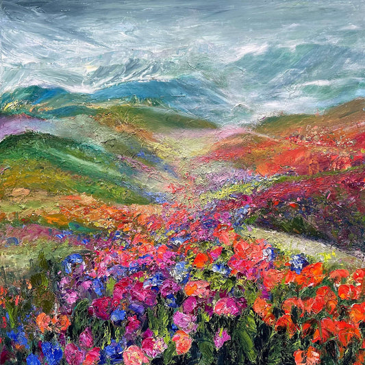 Stormy Valley, original impressionist landscape oil painting by Maria-Victoria Checa, 24x24 in, dramatic stormy sky over colorful wildflower valley in red magenta and blue