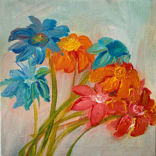 Summer Bouquet, original impressionist floral still life painting by Maria-Victoria Checa, 8x8 inches (20.3x20.3 cm) acrylic on canvas, Miniature Impressions series, Washington DC artist