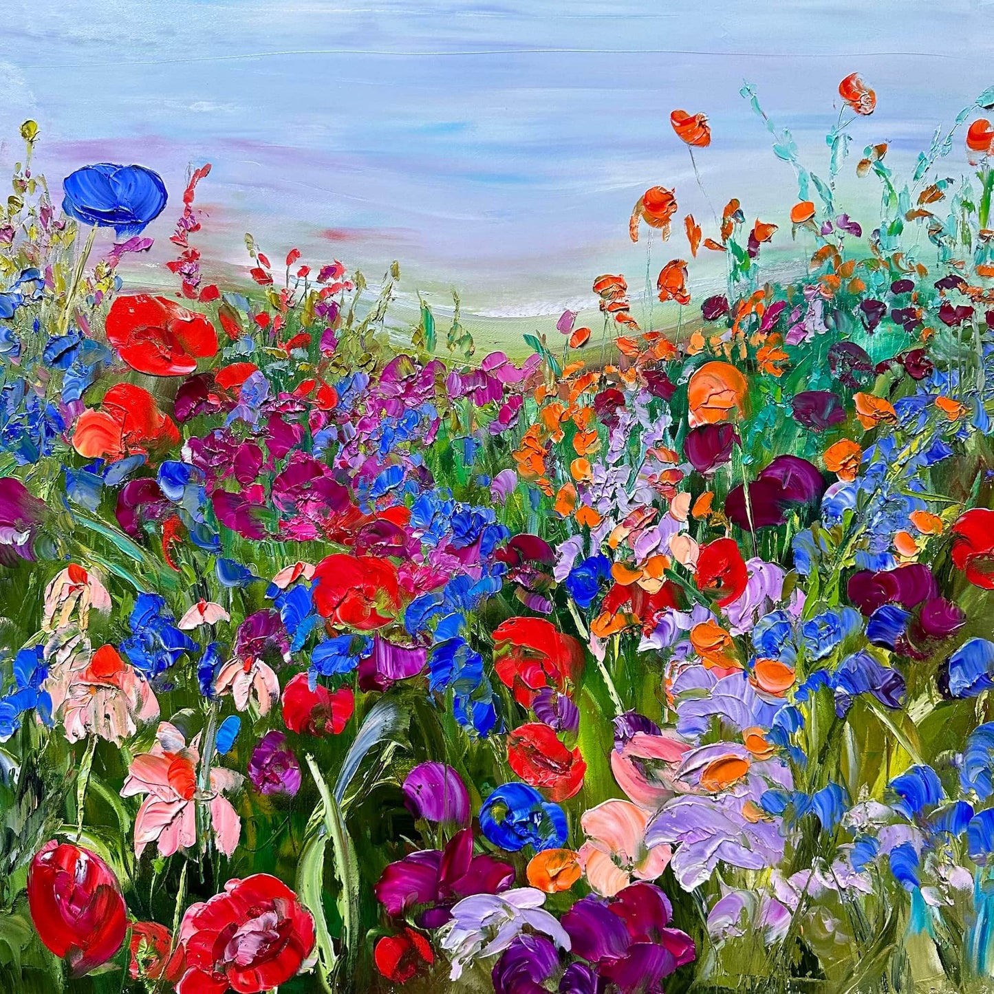 Summer Reverie impressionist wildflower fine art print by Maria-Victoria Checa featuring palette knife blooms in red, orange, blue, purple, magenta, and lavender against a soft blue sky.