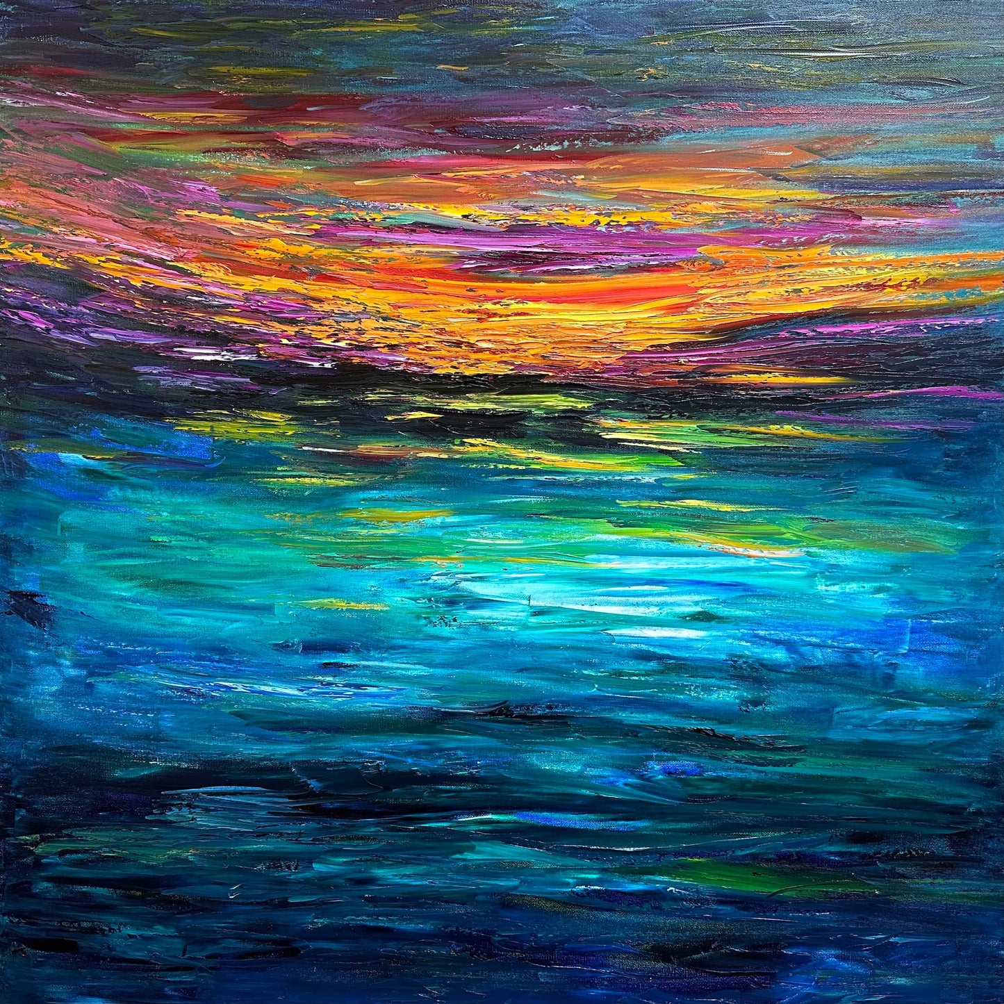 Sunset at Sea abstract impressionist seascape fine art print by Maria-Victoria Checa featuring a vibrant palette knife sunset sky in orange, red, yellow, magenta, and purple above deep teal and navy ocean water with glowing color reflections