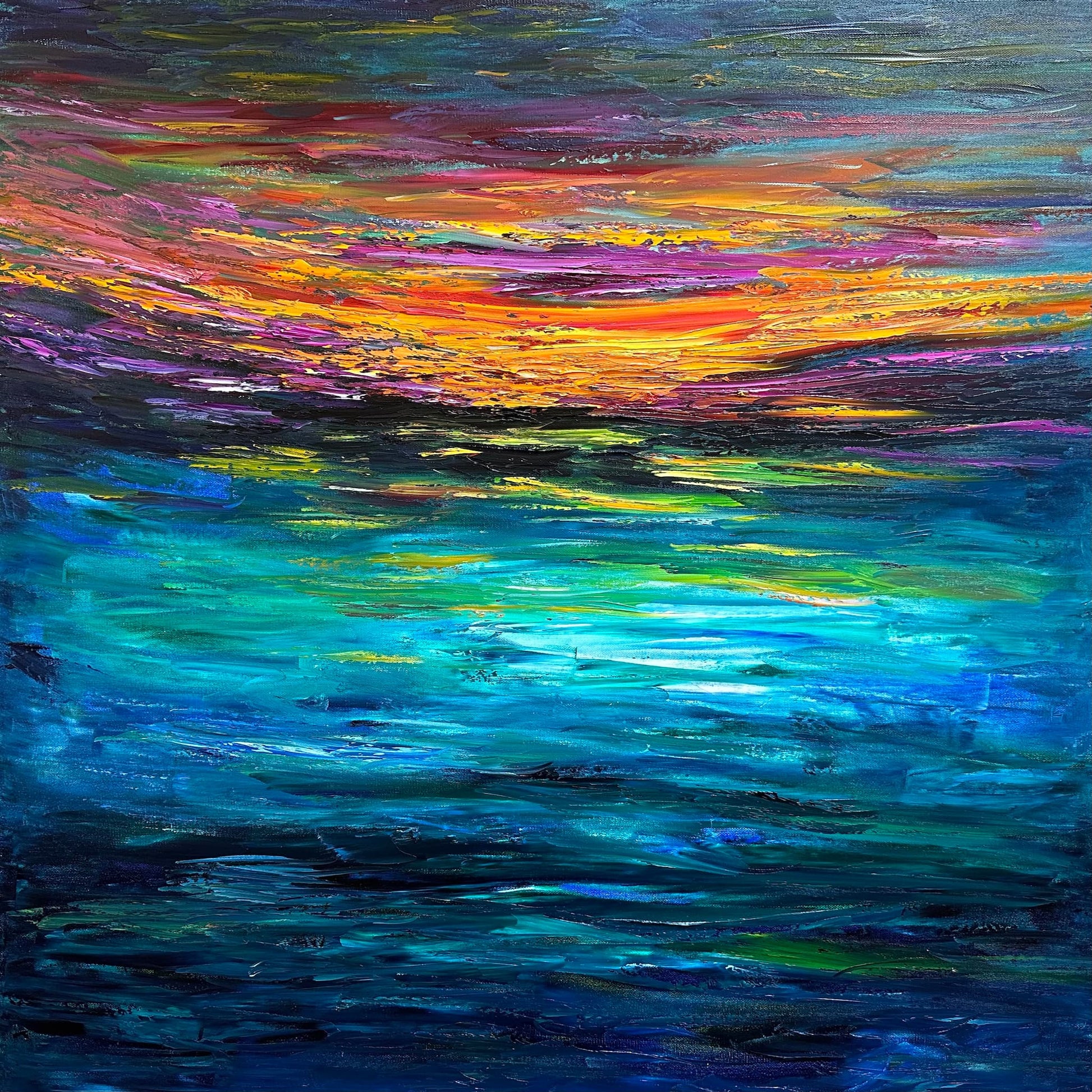 Sunset at Sea abstract impressionist seascape fine art print by Maria-Victoria Checa featuring a vibrant palette knife sunset sky in orange, red, yellow, magenta, and purple above deep teal and navy ocean water with glowing color reflections