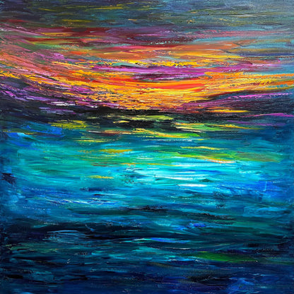 Sunset at Sea abstract impressionist seascape fine art print by Maria-Victoria Checa featuring a vibrant palette knife sunset sky in orange, red, yellow, magenta, and purple above deep teal and navy ocean water with glowing color reflections