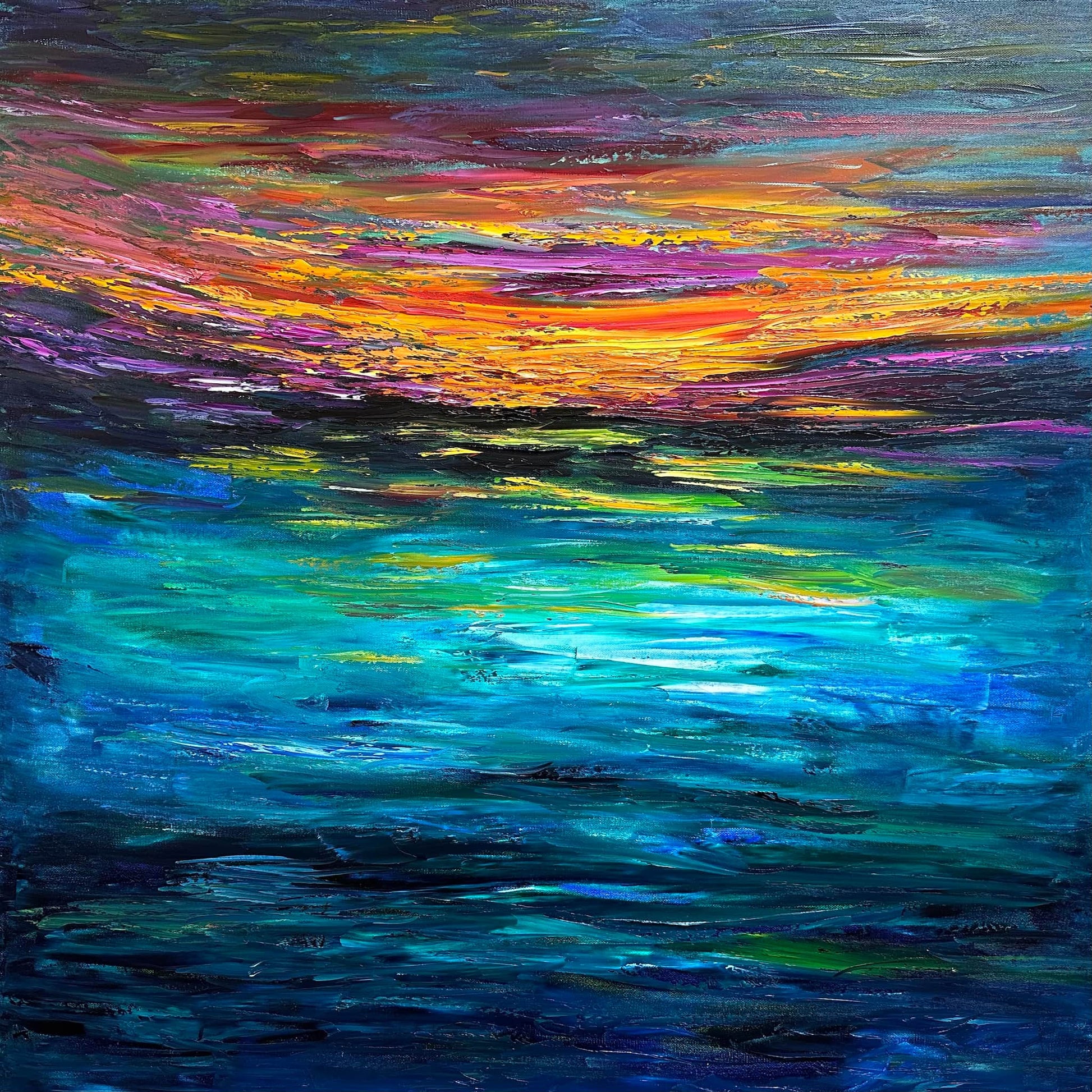 Sunset at Sea abstract impressionist seascape painting by Maria-Victoria Checa featuring a dramatic palette knife sky in blazing orange, red, yellow, magenta, and purple above deep teal and navy ocean water with glowing sunset reflections.