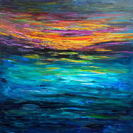 Sunset at Sea abstract impressionist seascape painting by Maria-Victoria Checa featuring a dramatic palette knife sky in blazing orange, red, yellow, magenta, and purple above deep teal and navy ocean water with glowing sunset reflections.