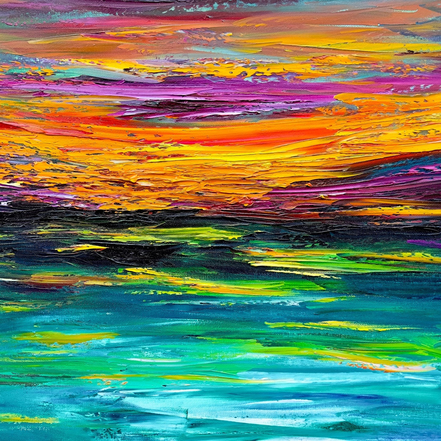 Close-up detail of Sunset at Sea fine art print by Maria-Victoria Checa showing thick palette knife texture in blazing orange, yellow, magenta, and red sunset streaks above a dark horizon with teal and green ocean reflections