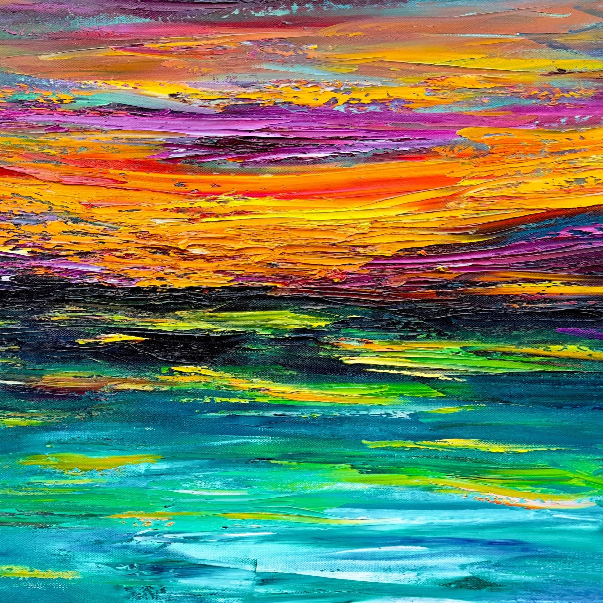 Close-up detail of Sunset at Sea fine art print by Maria-Victoria Checa showing thick palette knife texture in blazing orange, yellow, magenta, and red sunset streaks above a dark horizon with teal and green ocean reflections