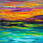 Close-up detail of Sunset at Sea fine art print by Maria-Victoria Checa showing thick palette knife texture in blazing orange, yellow, magenta, and red sunset streaks above a dark horizon with teal and green ocean reflections