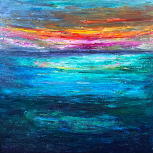 Sunset Dream large abstract impressionist painting 48x48 inches by Maria-Victoria Checa featuring sweeping horizontal layers of deep navy and teal water beneath a vibrant sunset sky in orange, red, yellow, magenta, and pink