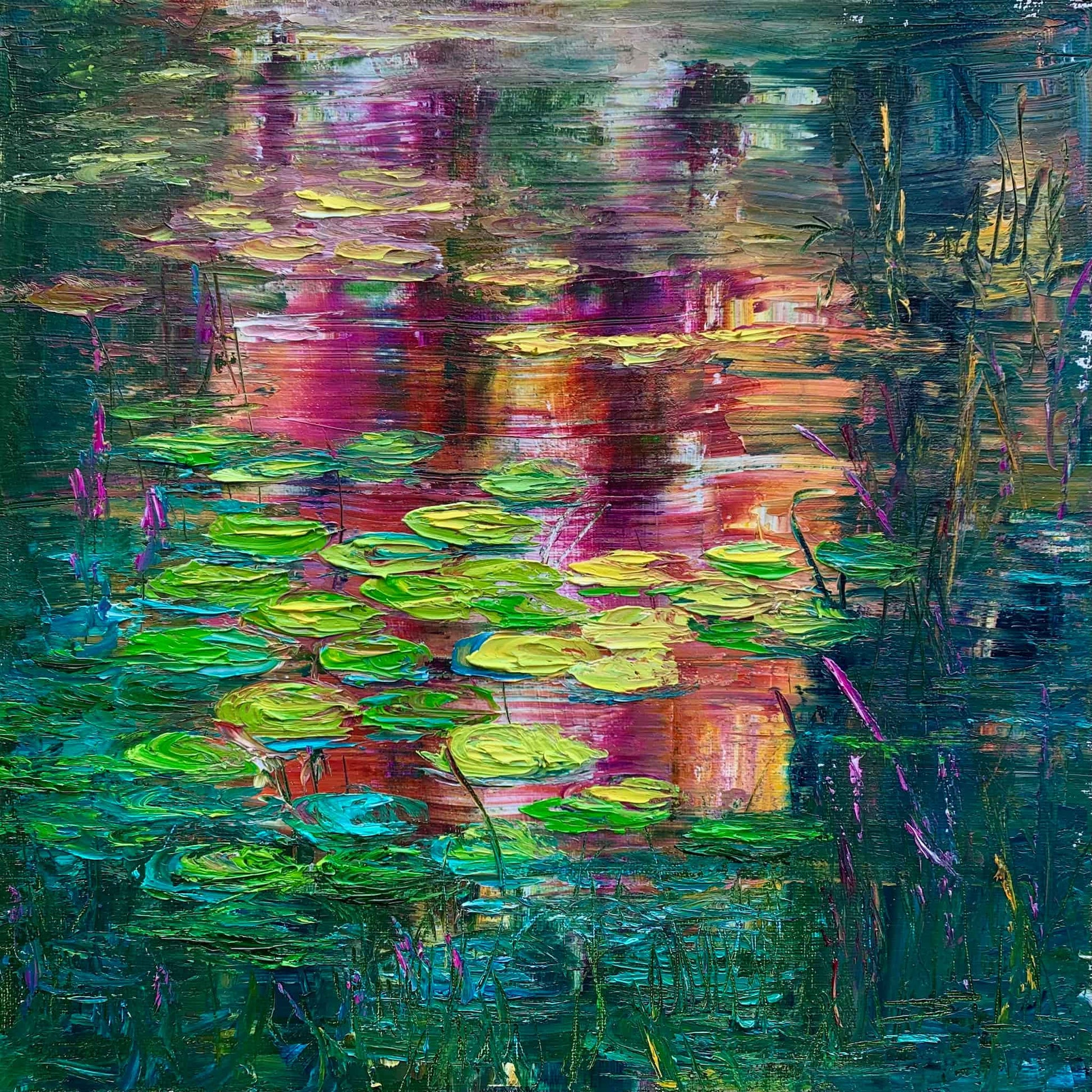 Sunset Lilies impressionist water lily pond fine art print by Maria-Victoria Checa, featuring palette knife lily pads in green and yellow floating over deep teal water with vibrant magenta, orange, and pink sunset reflections