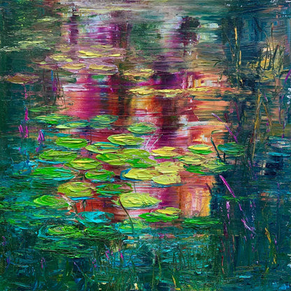 Sunset Lilies impressionist water lily pond fine art print by Maria-Victoria Checa, featuring palette knife lily pads in green and yellow floating over deep teal water with vibrant magenta, orange, and pink sunset reflections