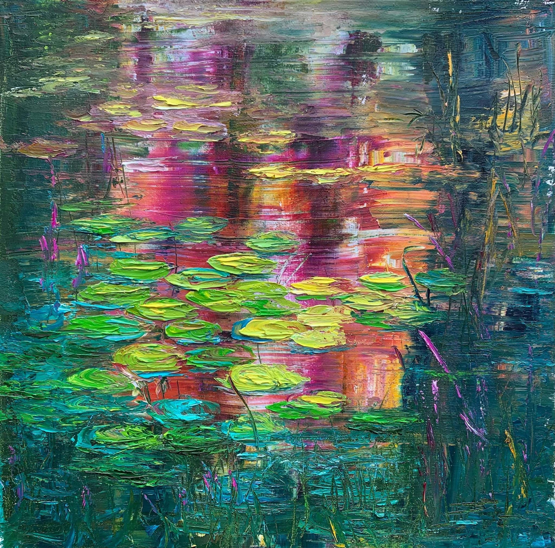 Sunset Lilies — original 12"×12" impressionist oil painting of a lily pond at sunset by Washington DC artist Maria-Victoria Checa