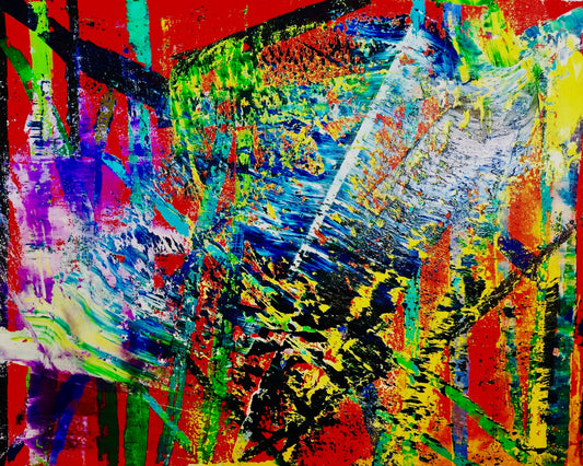 Swoosh!, original abstract oil painting by Maria-Victoria Checa, 20x16 in, Gerhard Richter technique, bold red blue yellow and green