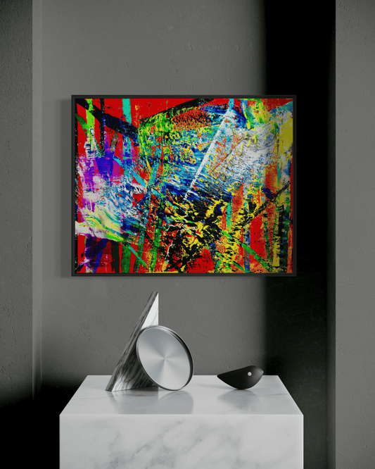 Swoosh! abstract oil painting in black frame on gray wall above marble plinth with sculptural objects, bold colorful art by Maria-Victoria Checa
