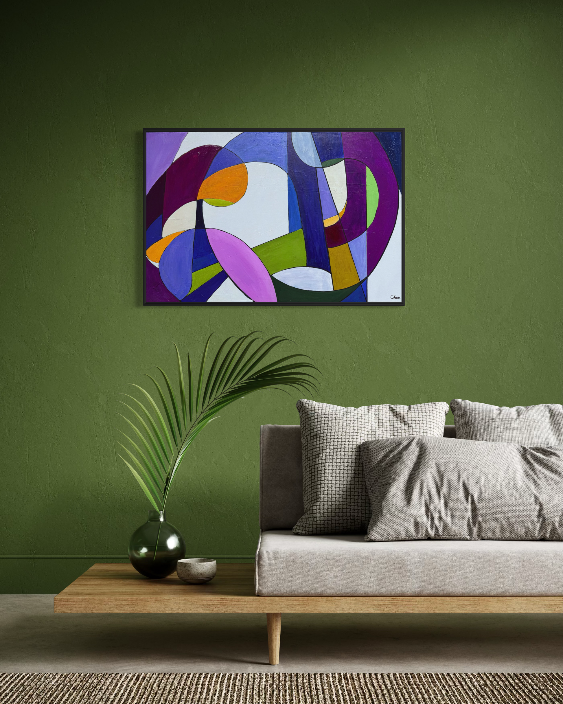 The Meal geometric abstract painting styled in a modern living room with sage green wall and neutral furniture.