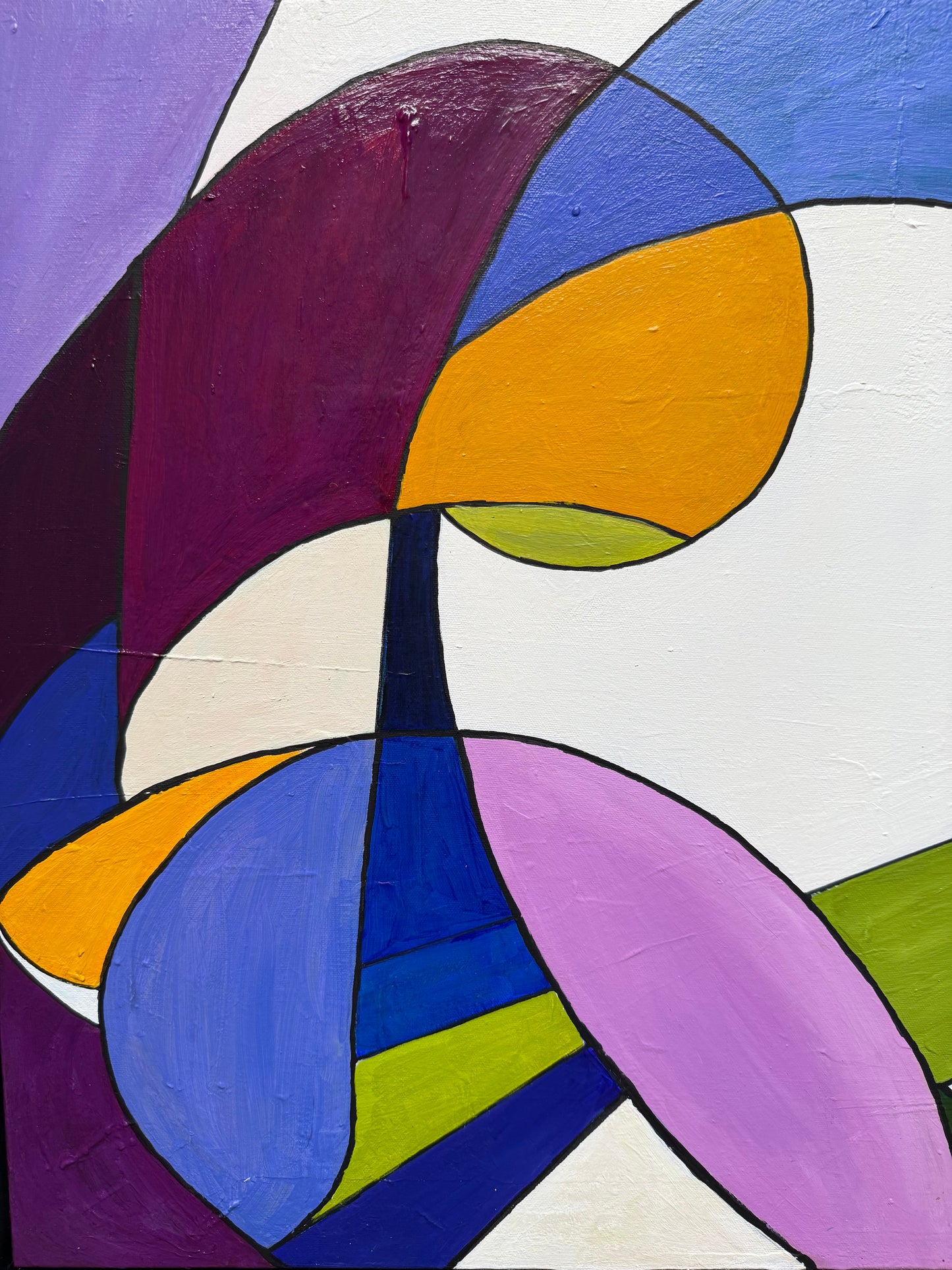Detail of The Meal abstract painting highlighting curved shapes in blue, lavender, and plum with crisp black outlines.