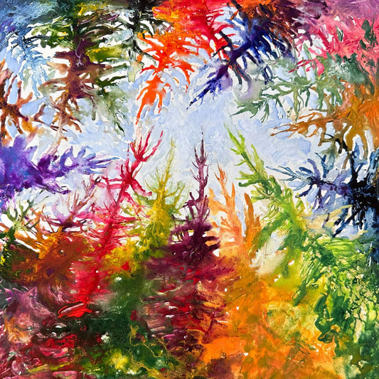 The Sky Is The Limit II — original 12x12 watercolor painting with radiating branches in coral, violet, cobalt, and lime green by Washington DC artist Maria-Victoria Checa