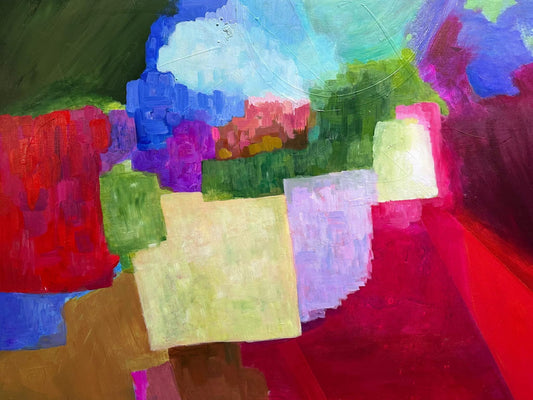 The Village, original abstract landscape acrylic painting by Maria-Victoria Checa, colorful geometric forms, red green blue purple