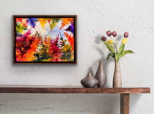 To The Sky And Beyond by Maria-Victoria Checa — colorful impressionist watercolor painting displayed in a walnut frame above a console table in a modern interior