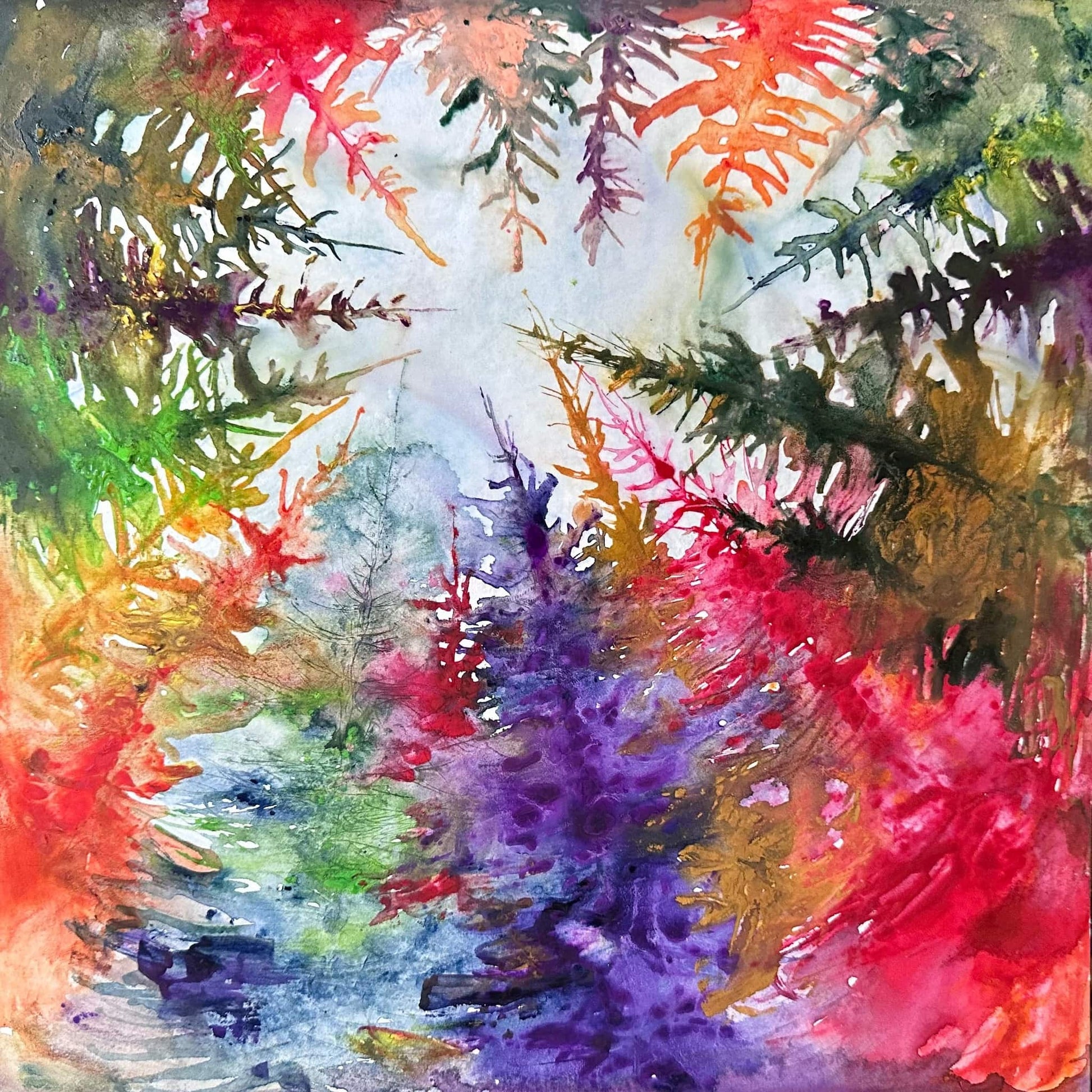 Tourbillon — original 12x12 watercolor painting of swirling botanical branches in crimson, violet, amber, and green by Washington DC artist Maria-Victoria Checa