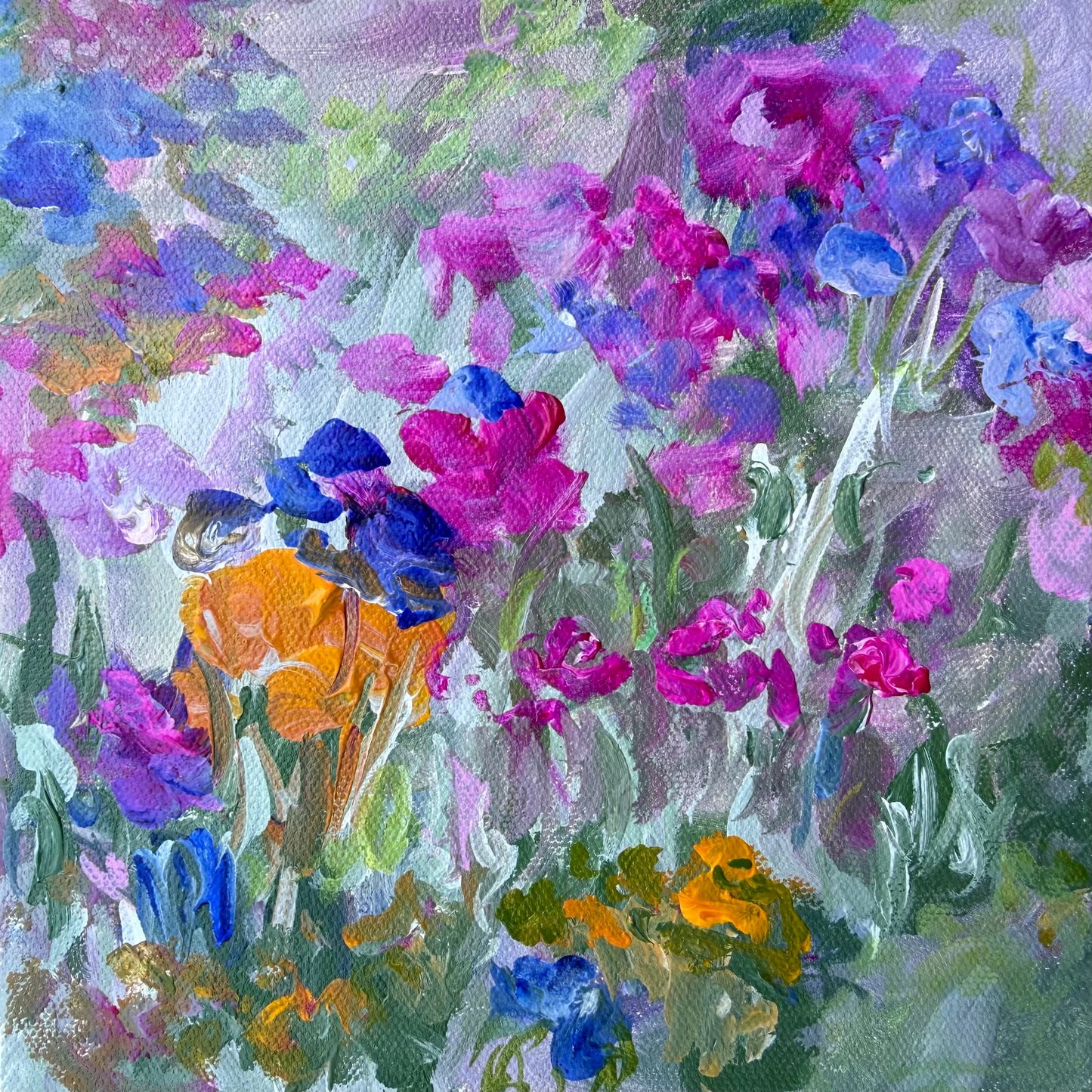 Violet Meadow, original impressionist wildflower field painting by Maria-Victoria Checa, 8x8 inches (20.3x20.3 cm) acrylic on canvas, Miniature Impressions series, Washington DC artist