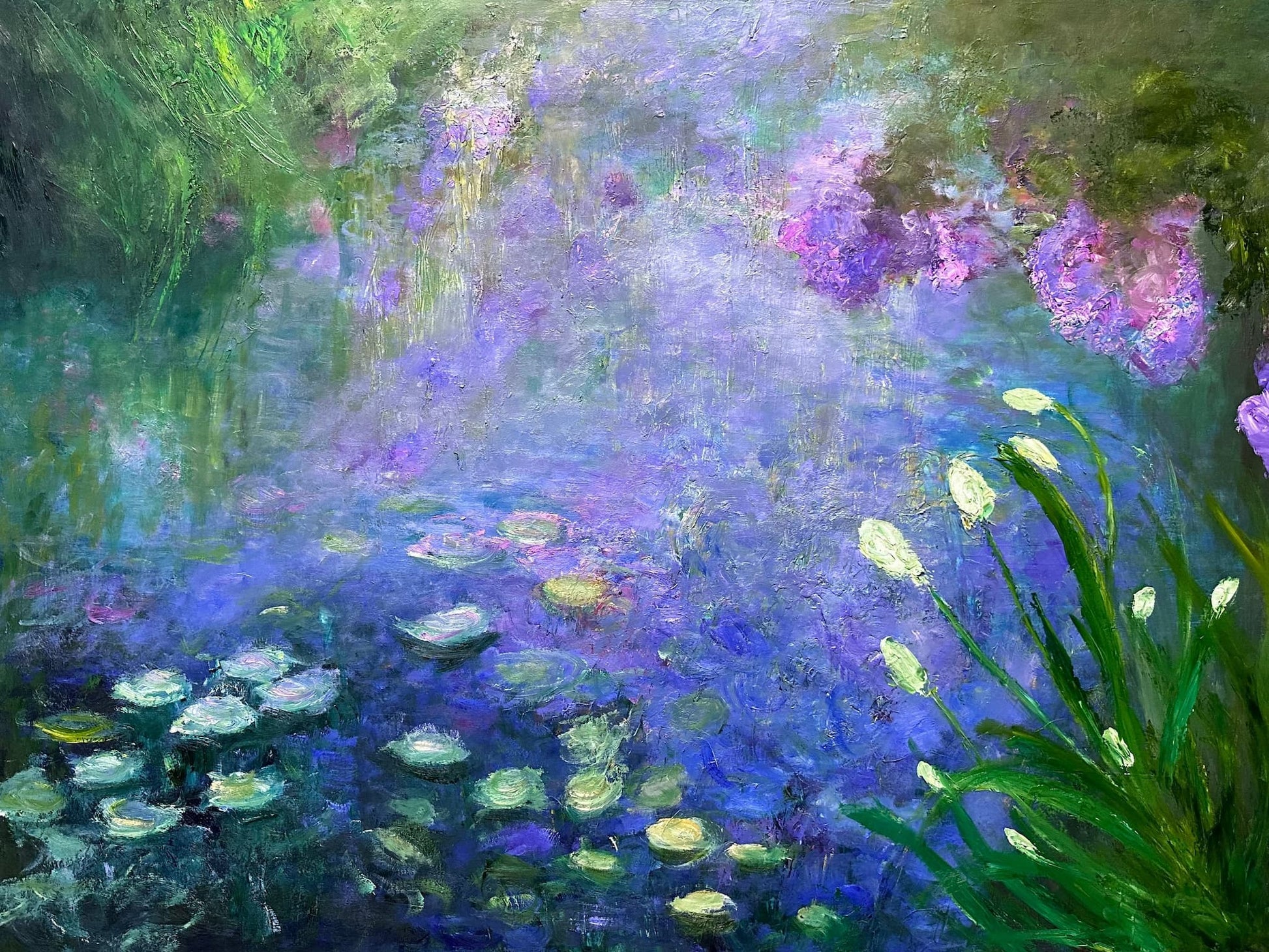 Water Lily Mist, original large impressionist water lily oil painting by Maria-Victoria Checa, 36x48 in, lavender mist over blue pond with white lilies and purple blooms
